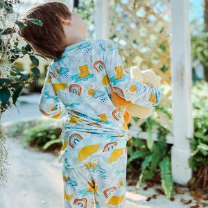 Checkered Spring Kids Bamboo 2 Piece Pajama Set | Rain Clouds Rainbow Rainboots